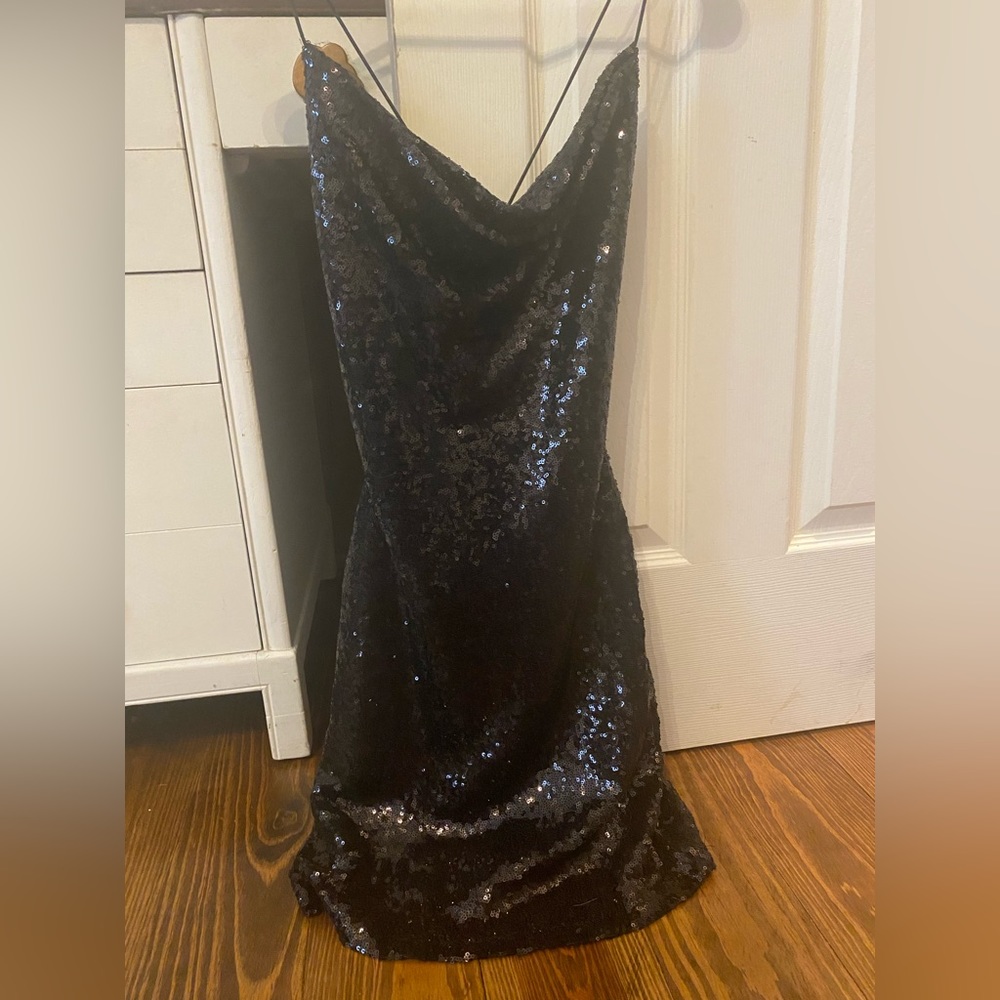 Windsor black sequin cowl neck mini dress